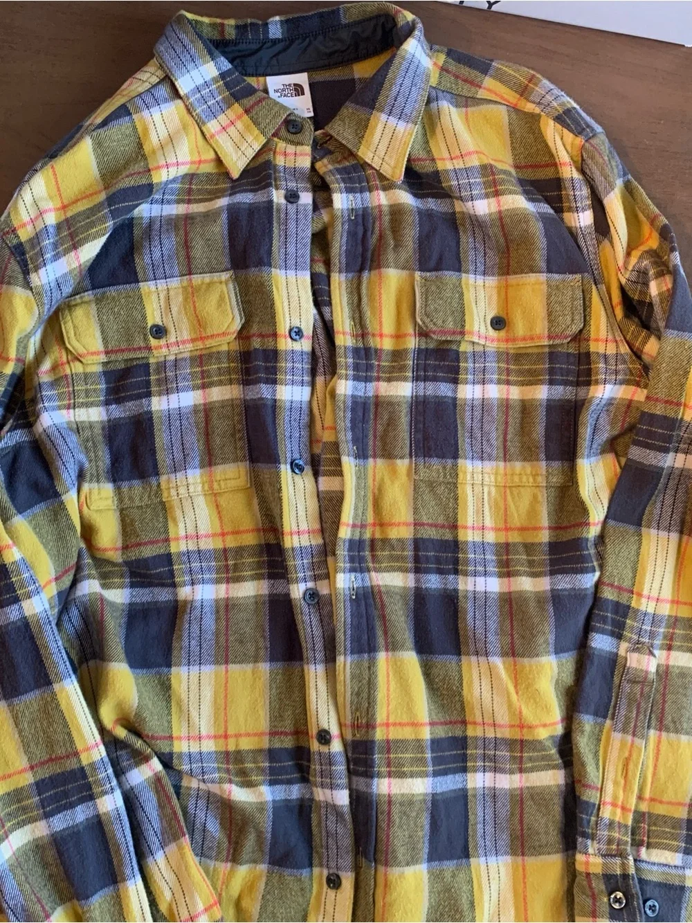 The North Face Yellow and Navy Plaid Button-Down Flannel Shirt